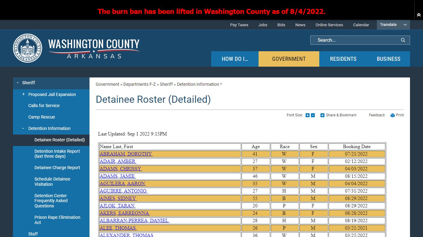 Detainee Roster (Detailed) | Washington County, AR